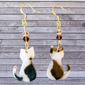 Cat Earrings. Kitty Earrings. White and Brown Cat Earrings with Matching Crystal beads. Cat Gifts. Animal Lover Earrings