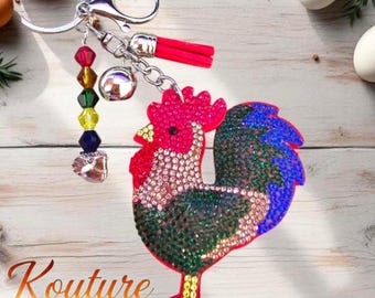 Llavero de gallo con diamantes de imitación / Colgante para bolso 3D - Adorno para cartera
