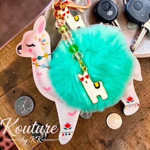 Mint Green Llama Pom Pom Purse Keychain | Boho Faux Leather Charm, Crystal Beads