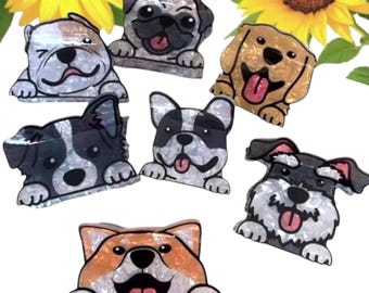 Dog Breed Hair Clips: Bulldog, Pug, Corgi, Golden Retriever, Collie, Schnauzer and French Bulldog.