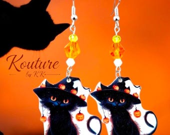 Cat Earrings: Cat Witch Earrings. Halloween Jewelry