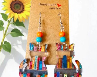 Library Cat Earrings: Acrylic Book Lover Jewelry