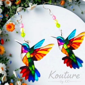 Zoemende vogel oorbellen. Acrylglas-in-loodontwerp kolibrie 925 sterlingzilver. Kolibrie ketting. Sleutelhanger kolibrie