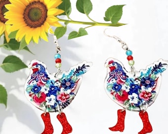 Huhn Blumen Ohrringe. Huhn Boot Ohrringe. Blumen Ohrringe