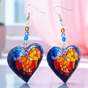 Stained Glass Heart Earrings: Acrylic Charm, Crystal Beads