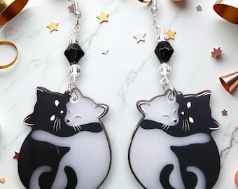 Yin Yang Cat Earrings: Acrylic Kitty Hugs, Crystal Beads