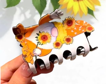 Sunflower Fall Harvest Gnome Hair Claw Clip. Fall Jewelry