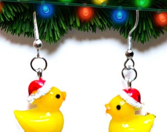 Yellow Duck Earrings, Santa Hat, Christmas Jewelry