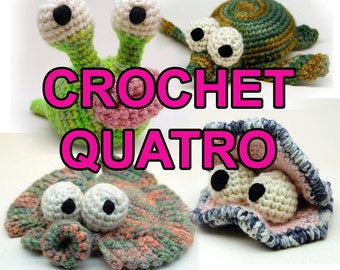 Crochet Quatro with Garden Slug, Flounder, Oyster and Sea Turtle Instant Download Patterns