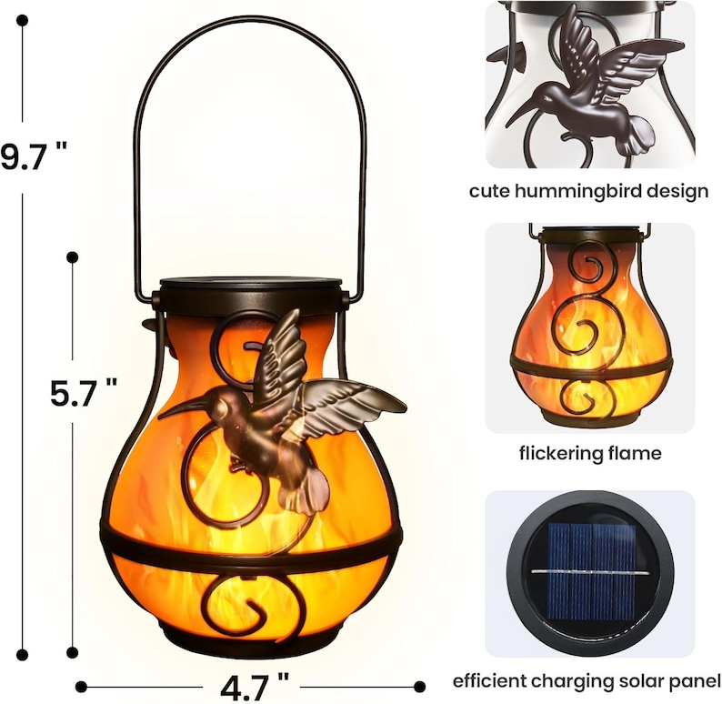 May include: Solar-powered outdoor lantern with a hummingbird design. The lantern is 9.7 inches tall, 5.7 inches wide, and 4.7 inches deep. It features a flickering flame effect and an efficient charging solar panel. The lantern has a handle for easy carrying.