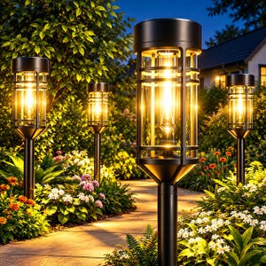 May include: A set of four black solar-powered garden path lights with cylindrical glass enclosures and internal warm-toned filament bulbs. Each light features a sturdy metal post and a cage-like frame, providing illumination along a walkway.
