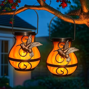 Hummingbird Solar Lanterns (2 Pack): Flickering Flame, Waterproof Garden Decor