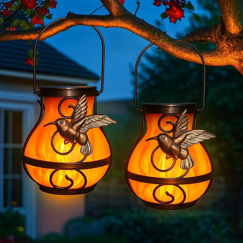May include: Two solar-powered hummingbird lanterns hanging from a tree branch. The lanterns have an orange glow, black metal accents, and a decorative hummingbird. The lanterns are designed for outdoor use.