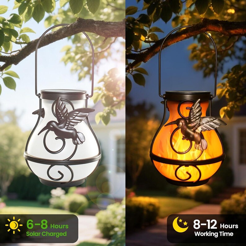 May include: Solar-powered hummingbird lantern with a black metal frame and handle. The glass lantern has a white interior during the day and an orange flame effect at night. The lantern is solar charged for 6-8 hours and has a working time of 8-12 hours.