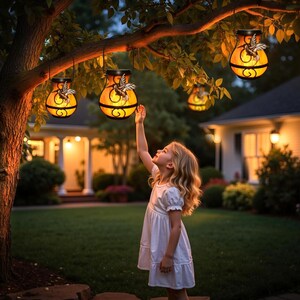 May include: A young girl reaches up towards several hanging solar-powered hummingbird lanterns. The lanterns have a warm, glowing light and are suspended from a tree branch. The scene is set in a well-lit yard at dusk.