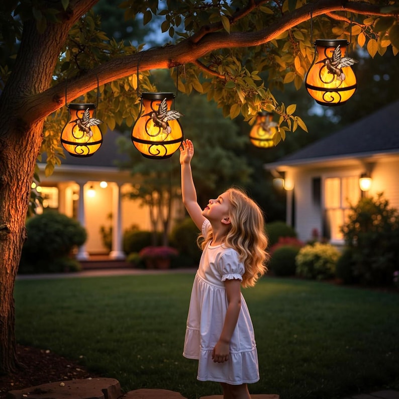 May include: A young girl reaches up towards several hanging solar-powered hummingbird lanterns. The lanterns have a warm, glowing light and are suspended from a tree branch. The scene is set in a well-lit yard at dusk.