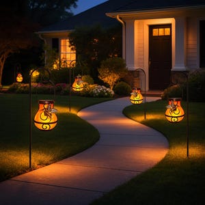 May include: Outdoor pathway lights with a warm glow illuminate a curved walkway leading to a house. The lights are solar-powered, with a decorative butterfly design on the orange glass lanterns. The lanterns are suspended from black metal shepherd's hooks.