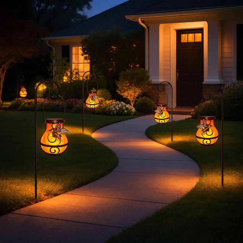 May include: Outdoor pathway lights with a warm glow illuminate a curved walkway leading to a house. The lights are solar-powered, with a decorative butterfly design on the orange glass lanterns. The lanterns are suspended from black metal shepherd's hooks.