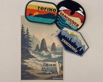 May include: A selection of embroidered patches and a postcard showcasing coastal imagery. The patches display the text "Tofino", "Vancouver Island", and "Vancouver". The postcard illustrates a beach scene with a van and a surfboard.