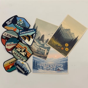 Carte postale de voyage au Canada - Montagnes Rocheuses, côte ouest, paysage de ville de ski - Style vintage illustré