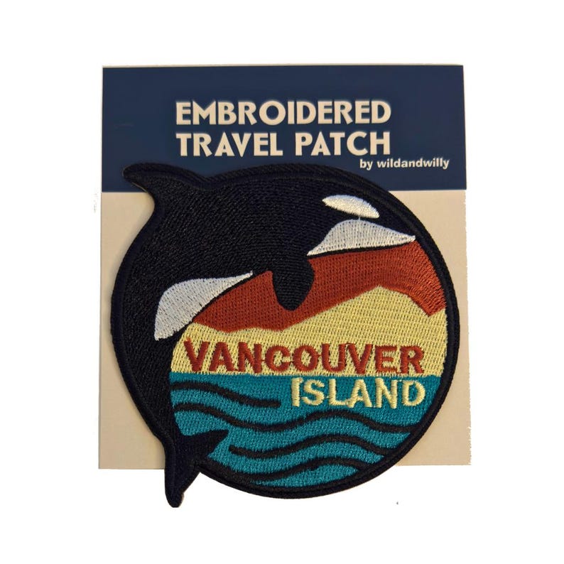 Vancouver Island Orca Embroidered Travel Patch WITH Backing Card
