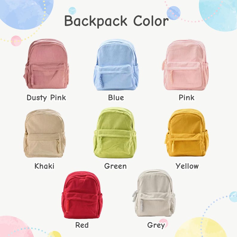 K&ouml;nnte beinhalten: Eine Auswahl an Cord-Rucks&auml;cken in verschiedenen Farben: Dusty Pink, Blau, Pink, Khaki, Gr&uuml;n, Gelb, Rot und Grau. Jeder Rucksack hat eine Vordertasche und einen oberen Griff. Der Text "Backpack Color" ist oben zu sehen.