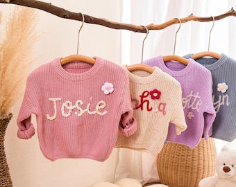 Hand Embroidery Sweaters, Baby Name Sweater, Custom Toddler Sweaters, Knit Sweater, Gifts for Daughters, Personalised baby Jumper, Baby Gift