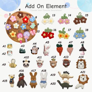K&ouml;nnte beinhalten: Eine Sammlung dekorativer Verzierungen, darunter Blumen, Schmetterlinge, Karotten, Tiere und ein Lutscher. Der Text "Add On Element" und "Choose Your Favorite Decorations" wird oben im Bild angezeigt.