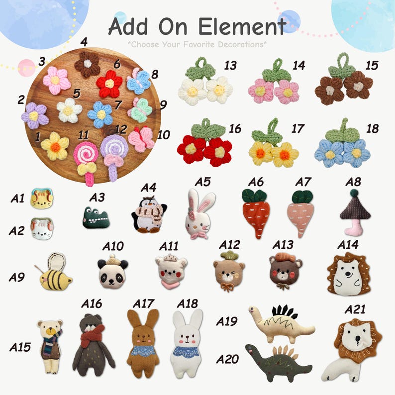 K&ouml;nnte beinhalten: Eine Sammlung dekorativer Verzierungen, darunter Blumen, Schmetterlinge, Karotten, Tiere und ein Lutscher. Der Text "Add On Element" und "Choose Your Favorite Decorations" wird oben im Bild angezeigt.