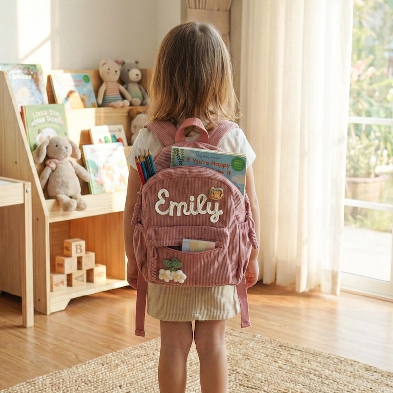 K&ouml;nnte beinhalten: Ein rosa Cord-Rucksack mit dem Namen "Emily" in Wei&szlig; gestickt. Der Rucksack hat eine Vordertasche mit Blumenverzierung und ist mit B&uuml;chern und Bleistiften gef&uuml;llt. Ein Kind tr&auml;gt den Rucksack.