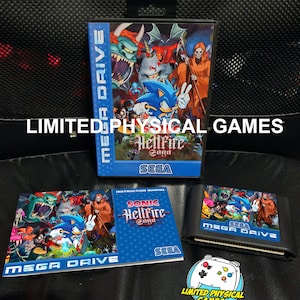 Puede incluir: Un cartucho de juego Sega Mega Drive, un manual de instrucciones y una caja de juego para Sonic Hellfire Saga. La caja de juego es azul con una imagen de Sonic the Hedgehog y otros personajes. El manual de instrucciones es azul con el título del juego y el logotipo de Sega. El cartucho de juego es negro con el logotipo de Sega y el texto Mega Drive.