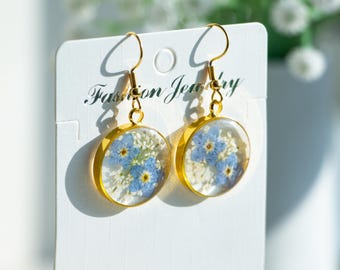 Forget Me Not Real Flower Earrings, Handmade Dried Flower Earrings, Pressed Flower Dangle Drop Earrings,Resin Flower Jewerly, Birthday Gift