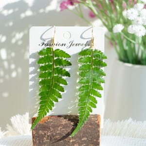 Fern Leaf Real Plant Earrings, Handmade Dried Leaves Earrings, Green Pressed Leaf Dangle Drop Earrings, Gold Silver Jewelry, Birthday Gift