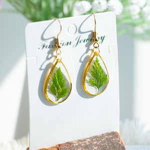 Fern Leaf Real Plant Earrings, Handmade Dried Leaves Earrings, Green Pressed Leaf Dangle Drop Earrings, Mother&#39;s Day Christmas Gift