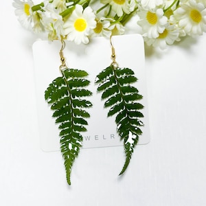 Fern Leaf Real Plant Earrings, Handmade Dried Leaves Earrings, Green Pressed Leaf Dangle Drop Earrings, Gold Silver Jewelry, Birthday Gift