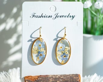 Forget Me Not Real Flower Earrings, Handmade Dried Flower Earrings, Pressed Flower Dangle Drop Earrings,Resin Flower Jewerly, Birthday Gift