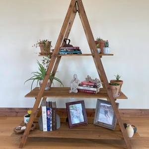 Rustic Farmhouse Ladder for Holiday Décor, Bookshelf, Plant Stand & Craft Display - Optional Steel Shelves.