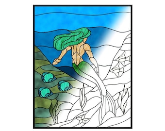 Mermaid Stained Glass Printable for Adult and Kids Colouring Book Page or Real Stained Glass Pattern prints 8x10 image on 8.5x11 paper