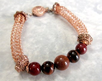 Agate, Tiger's Eye and Goldstone Gemstone Bracelet with Copper Viking Knit Chain and Box Catch