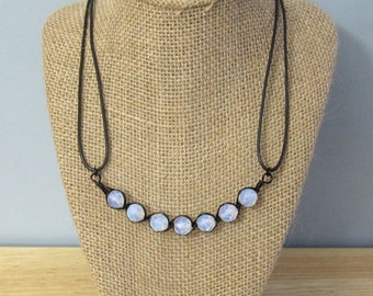 Faceted Opalescent White Glass Beads Wrapped in Black Wire Necklace