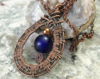 Hammered, Weathered Copper Teardrop Pendant Necklace with Cobalt Blue Glass Bead