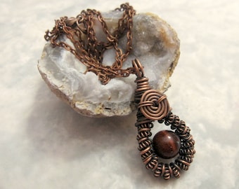 Twisted Copper Wire Teardrop Pendant with Red Tiger's Eye Bead, and Matching Copper Necklace