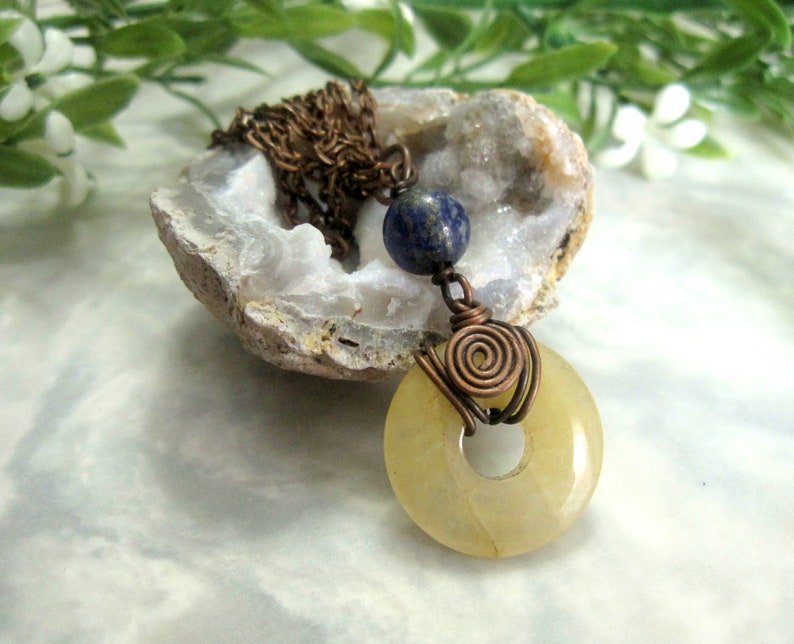 Yellow Donut and Lapis Lazuli Bead Pendant Wrapped in Oxidized Copper Wire with Matching Copper Necklace