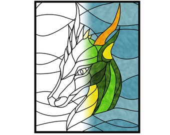 Dragon Portrait Stained Glass Pattern for Adult and Kids Colouring Book Page or Real Stained Glass Panel prints 8x10 on 8.5x11 paper