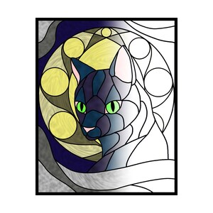 Gatto nero stampabile Halloween modello di vetrata colorata luna piena o pagina da colorare PDF per bambini e adulti, stampe 8x10 su pagina 8 1/2x11 senza IA