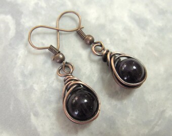 Dark Amethyst Gemstone Bead Dangle Earrings Wrapped in Copper with Matching Copper Ear Wires