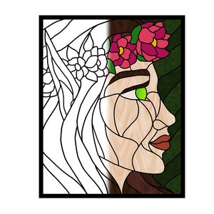 May include: Stained glass style illustration of a woman with long brown hair, green eyes, and a floral crown. The woman's face is partially colored in, while the rest of the image is in black and white.
