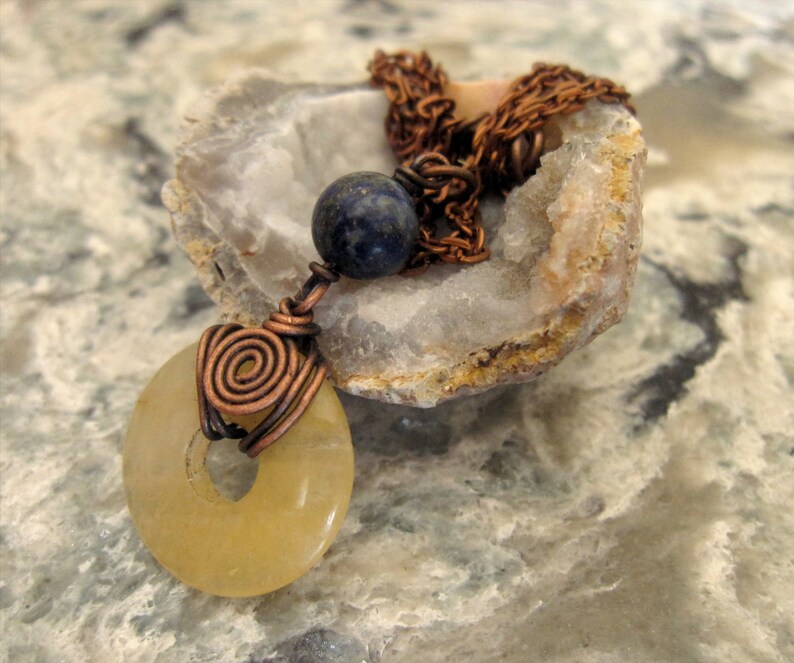 Yellow Donut and Lapis Lazuli Bead Pendant Wrapped in Oxidized Copper Wire with Matching Copper Necklace