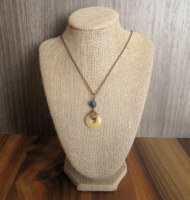 Yellow Donut and Lapis Lazuli Bead Pendant Wrapped in Oxidized Copper Wire with Matching Copper Necklace