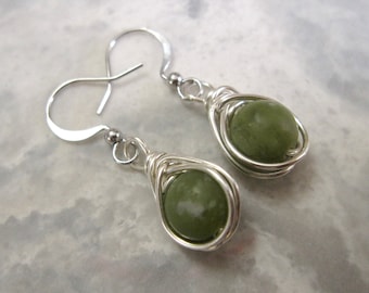 Green Nephrite Jade Earrings Wrapped in Silver Coloured Wire with Nickel Free Ear Wires